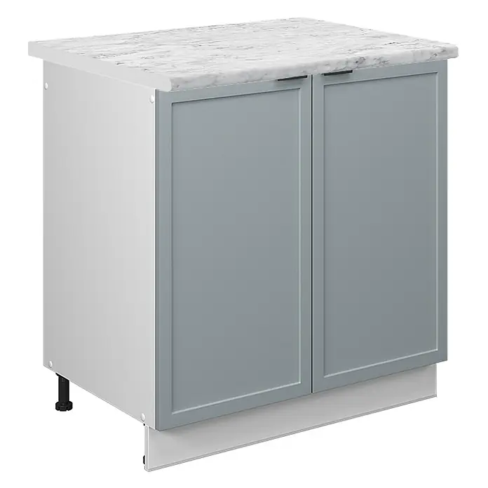 Vicco Schrankküche Fame-Line Hellblau-grau, AP Marmor - Hellblau-grau, Spülenunterschrank 80 cm, AP Marmor - Grauer Küchenunterschrank mit zwei Türen, dunklen Griffen, weißer Arbeitsplatte in Marmoroptik und weißer Seitenverkleidung.