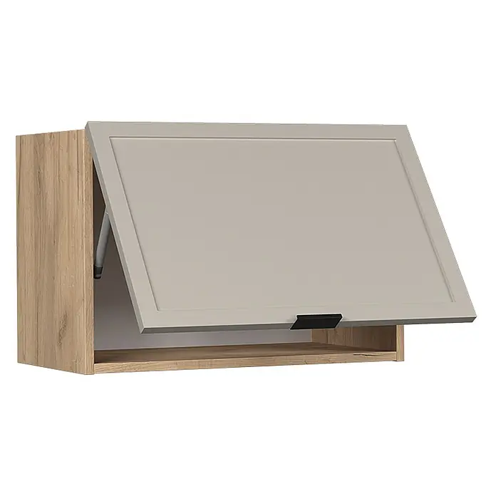 Vicco Schrankküche Fame-Line GrauBeige Flach - GrauBeige, Hängeschrank 60 cm (flach) - Wandschrank mit Eichenholz-Korpus und hellgrauer Klapptür mit schwarzem Griff, geöffnet mit Gasdruckfeder.