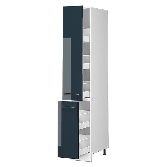 Vicco Schrankküche Fame-Line Dunkelblau Hochglanz - Breite: 30 cm, Dunkelblau Hochglanz, Apothekerhochschrank 30 cm - Hoher, dunkelblau glänzender Küchenschrank mit zwei Türen, eine offenbart weiße Auszugsfächer.