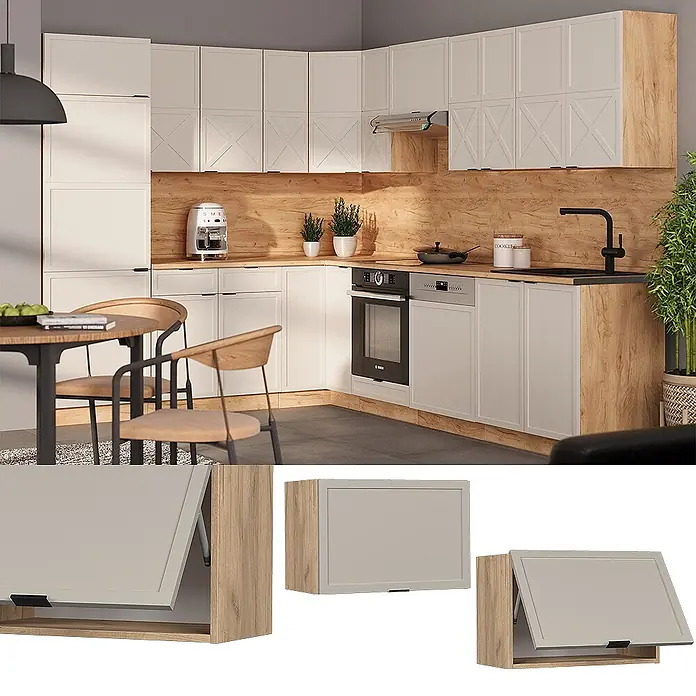 Vicco Schrankküche Fame-Line GrauBeige Flach - GrauBeige, Hängeschrank 60 cm (flach) - Moderner Küchenoberschrank mit hellgrauer Klapptür und hellem Holzrahmen, offen und geschlossen gezeigt.