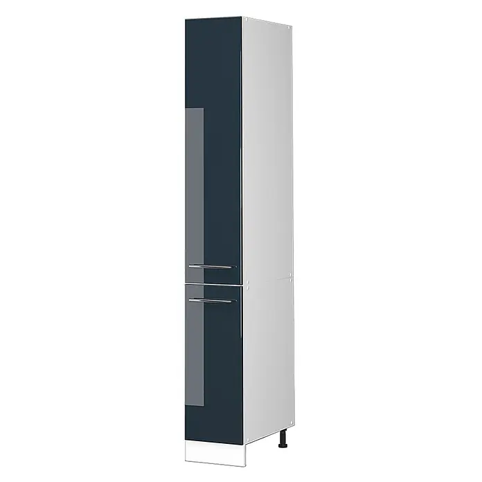 Vicco Schrankküche Fame-Line Dunkelblau Hochglanz - Breite: 30 cm, Dunkelblau Hochglanz, Apothekerhochschrank 30 cm - Hoher Hochschrank mit zwei glänzenden dunkelblauen Türen, Chromgriffen und hellgrauen Seiten.
