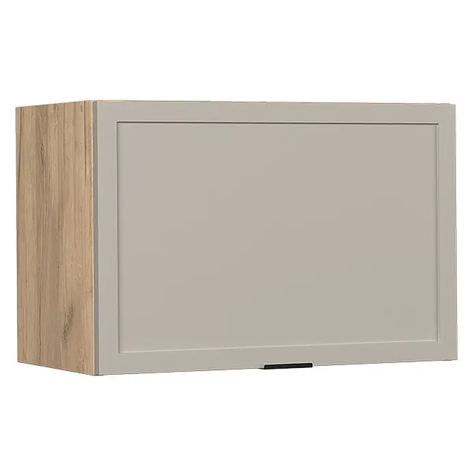 Vicco Schrankküche Fame-Line GrauBeige Flach - GrauBeige, Hängeschrank 60 cm (flach) - Heller Wandschrank mit heller Holzseite und hellgrauer Rahmentür mit schwarzem Griff.