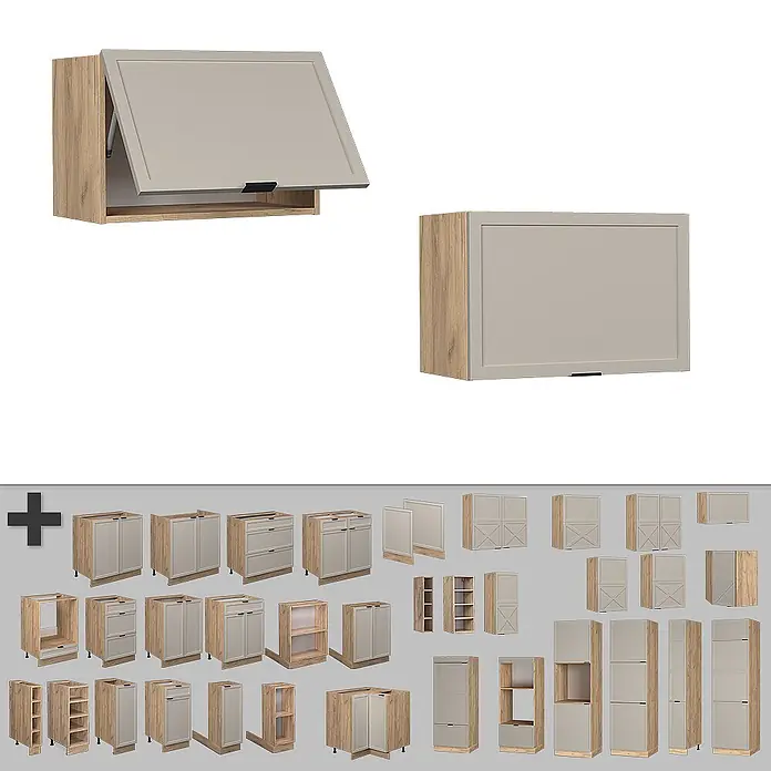 Vicco Schrankküche Fame-Line GrauBeige Flach - GrauBeige, Hängeschrank 60 cm (flach) - Kollektion heller Holz- und hellgrauer Küchenschränke: Wand-, Unter- und Hochschränke, mit einem geöffneten Oberschrank.