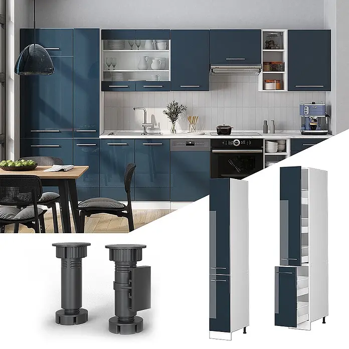 Vicco Schrankküche Fame-Line Dunkelblau Hochglanz - Breite: 30 cm, Dunkelblau Hochglanz, Apothekerhochschrank 30 cm - Moderne Küche mit eleganten, blauen Hochglanzschränken, integrierten Geräten und Essbereich. Zeigt Hochschränke und verstellbare Füße.
