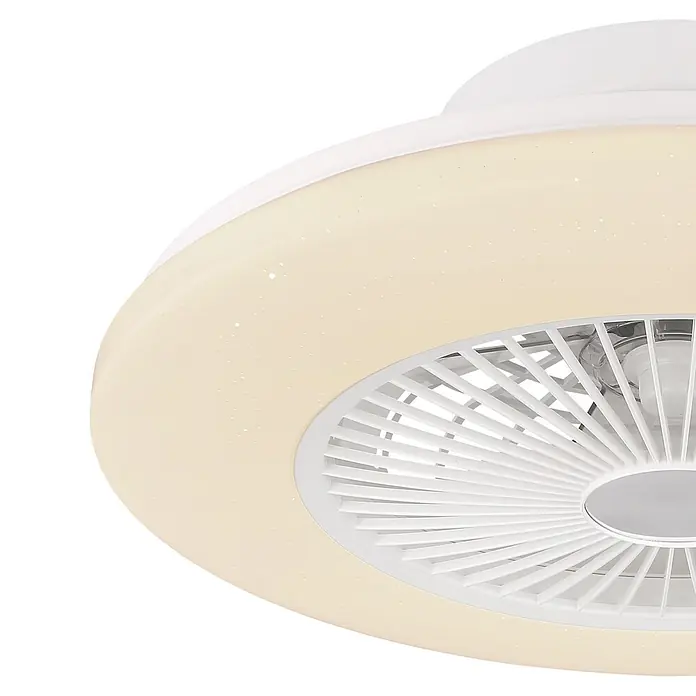 Globo Deckenventilator Travo - 30 W, Durchmesser: 50 cm, Weiß - Runder, weißer Deckenventilator mit integriertem warmweißem LED-Licht und dezentem Glitzereffekt, mit verstecktem Ventilator.
