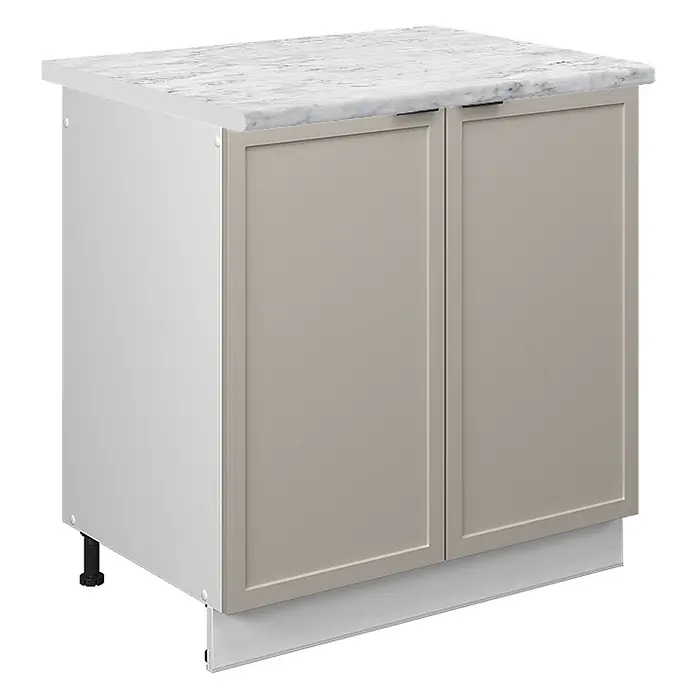 Vicco Schrankküche Fame-Line GrauBeige, AP Marmor - GrauBeige, Spülenunterschrank 80 cm, AP Marmor - Beiger Unterschrank mit zwei Türen, weißer Marmor-Arbeitsplatte und schwarzen Beinen.