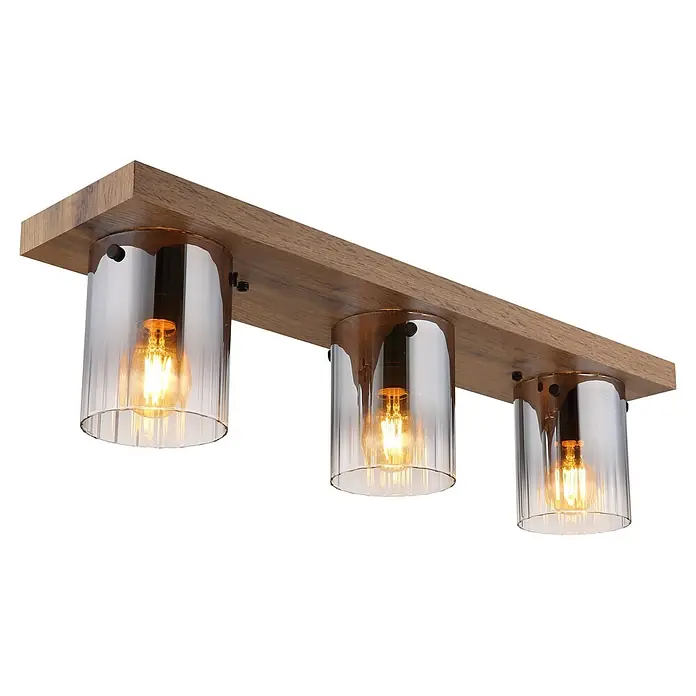 Globo Deckenleuchte Underwood - 40 W, L x B x H: 710 x 160 x 180 mm, E27 - Deckenleuchte aus Holz mit drei Glasschirmen und sichtbaren Glühbirnen.