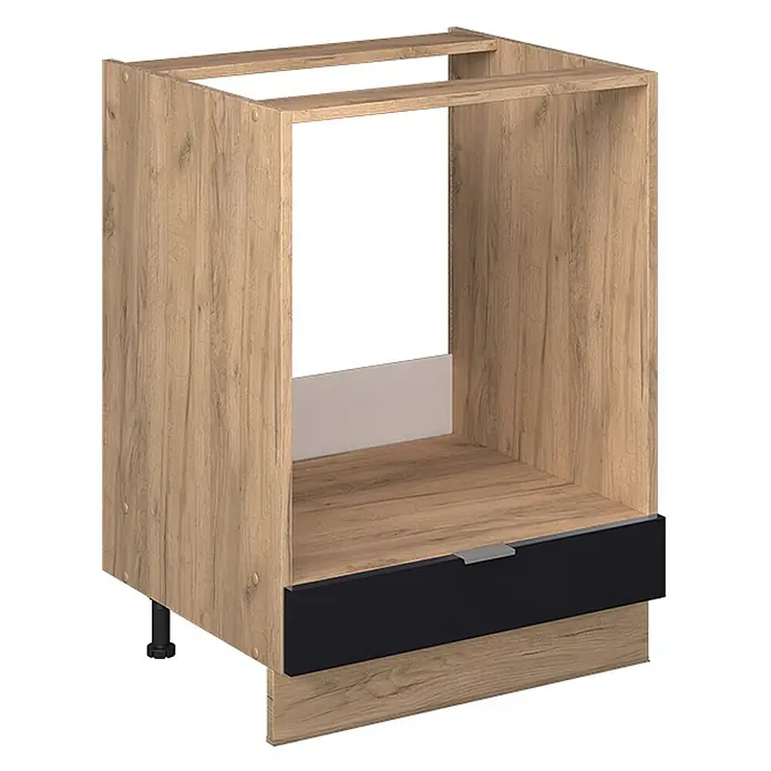 Vicco Schrankküche Fame-Line Schwarz gestreift ohne Arbeitsplatte - Schwarz gestreift, Herdumbauschrank 60 cm - Holzmaser-Ofenunterschrank mit schwarzer Schublade, grauem Griff und verstellbaren Füßen.
