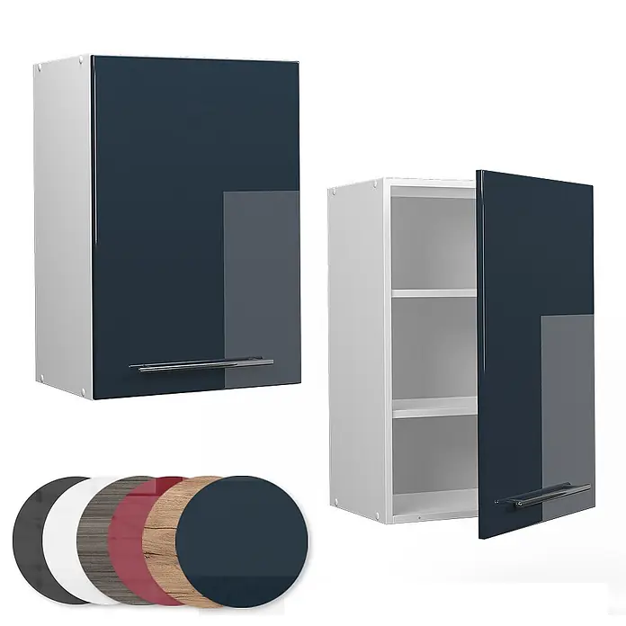 Vicco Schrankküche Fame-Line Dunkelblau Hochglanz - Breite: 50 cm, Dunkelblau Hochglanz, Hängeschrank 50 cm - Dunkelblauer Hochglanz-Hängeschrank, geschlossen und offen mit Regalen gezeigt, plus Farbmuster.