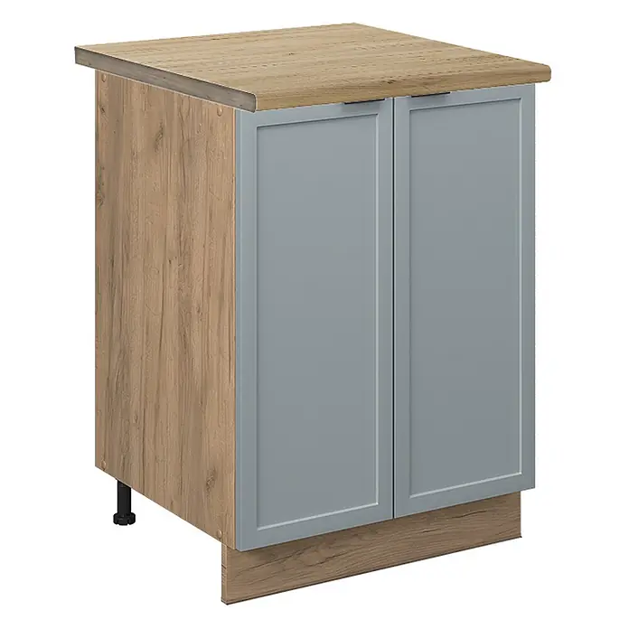 Vicco Schrankküche Fame-Line Hellblau-grau, AP Eiche - Hellblau-grau, Unterschrank 60 cm, AP Eiche - Zweitüriger Küchenunterschrank mit heller Holzmaserung oben/Seiten und grauen Kassettentüren, mit integrierten Griffen und passendem Sockel.