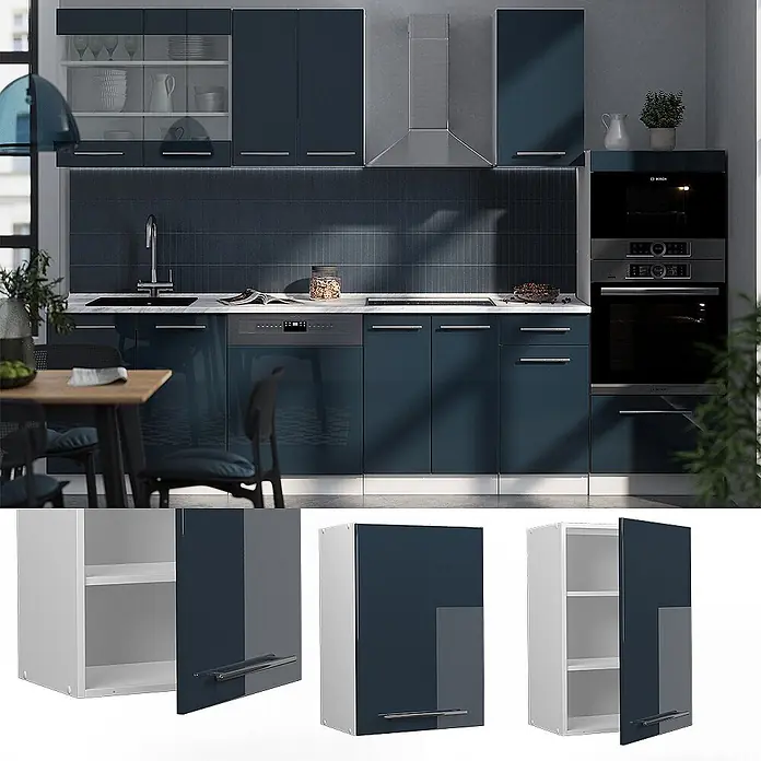 Vicco Schrankküche Fame-Line Dunkelblau Hochglanz - Dunkelblau Hochglanz, Hängeschrank 50 cm - Moderne Küche mit dunkelblauen Hochglanzschränken.