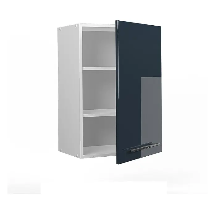 Vicco Schrankküche Fame-Line Dunkelblau Hochglanz - Breite: 50 cm, Dunkelblau Hochglanz, Hängeschrank 50 cm - Grauer Hängeschrank mit dunkelblauer Hochglanztür, leicht geöffnet, zeigt zwei Innenböden und einen silbernen Griff.