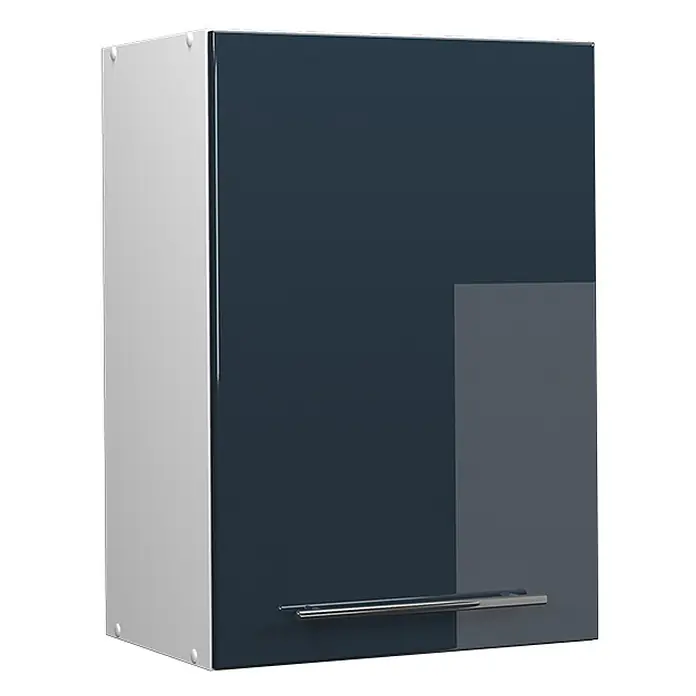 Vicco Schrankküche Fame-Line Dunkelblau Hochglanz - Breite: 50 cm, Dunkelblau Hochglanz, Hängeschrank 50 cm - Dunkelblauer Hängeschrank mit glänzender Oberfläche und silbernem Griff, mit hellgrauer Seitenplatte.
