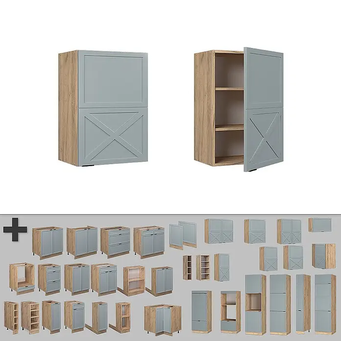 Vicco Schrankküche Fame-Line Hellblau-grau - Hellblau-grau, Hängeschrank 50 cm - Set heller Küchenschränke in Holzoptik mit grauen Türen, teils mit dekorativem Kreuzdesign, inklusive Unter- und Oberschränken.