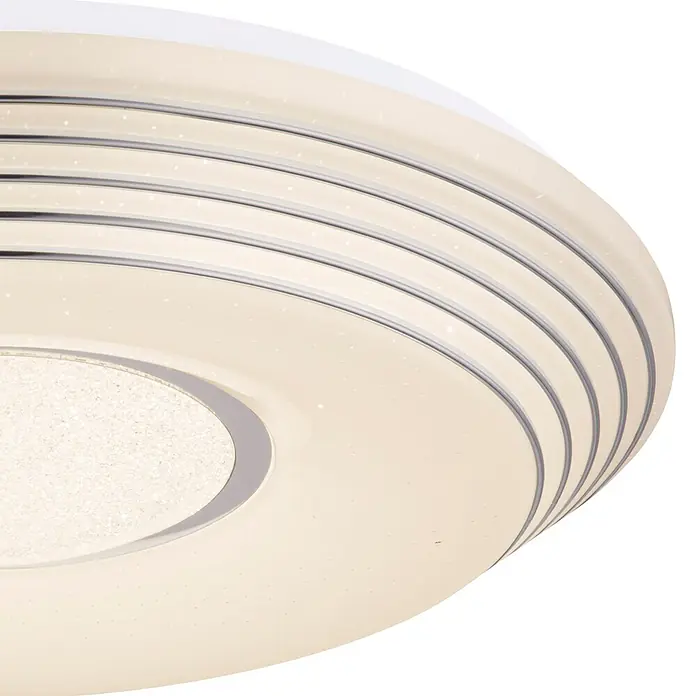 Globo LED-Deckenleuchte rund Pillo - 40 W, Ø x H: 50 x 8,5 cm, Weiß - Runde weiße LED-Deckenleuchte mit konzentrischen Silberringen und glitzernder Mittelscheibe.