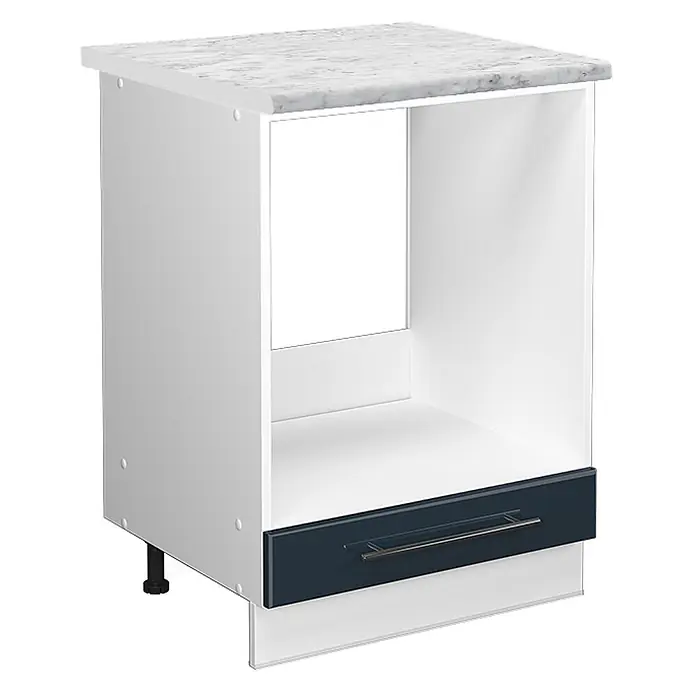 Vicco Schrankküche Fame-Line Dunkelblau Hochglanz, AP Marmor - Dunkelblau Hochglanz, Herdumbauschrank 60 cm, AP Marmor - Weißer Küchenunterschrank mit Marmor-Arbeitsplatte, offenes Fach für Gerät und dunkelblauer Schublade.