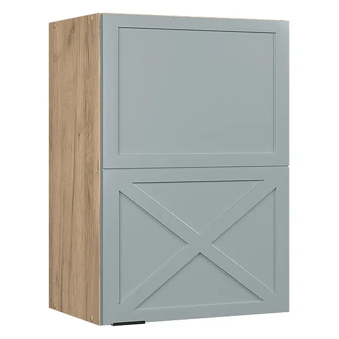 Vicco Schrankküche Fame-Line Hellblau-grau - Hellblau-grau, Hängeschrank 50 cm - Hellholz- und blaugrauer Schrank mit zwei Türen; die untere Tür hat ein X-Design.
