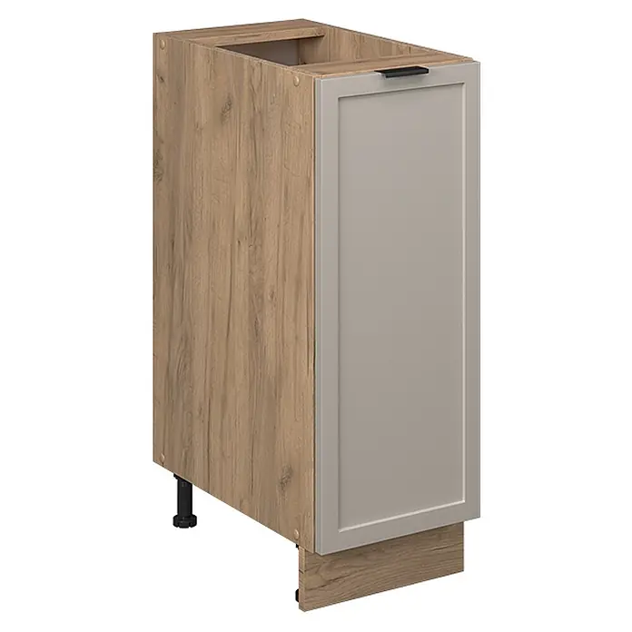 Vicco Schrankküche Fame-Line GrauBeige ohne Arbeitsplatte - GrauBeige, Apothekerunterschrank 30 cm - Hellbrauner Küchenunterschrank in Holzoptik mit hellgrauer Tür, schwarzem Griff und verstellbaren Füßen.