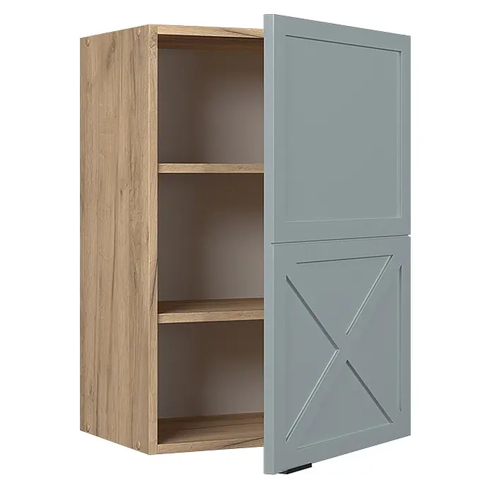 Vicco Schrankküche Fame-Line Hellblau-grau - Hellblau-grau, Hängeschrank 50 cm - Heller Holzschrank mit offener grauer Tür, die Regalböden zeigt. Das untere Türpanel hat ein X-Design.