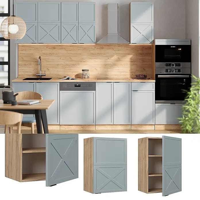 Vicco Schrankküche Fame-Line Hellblau-grau - Hellblau-grau, Hängeschrank 50 cm - Hellblau-graue Küchenschränke mit dekorativen X-Paneeltüren und Elementen aus Naturholz.