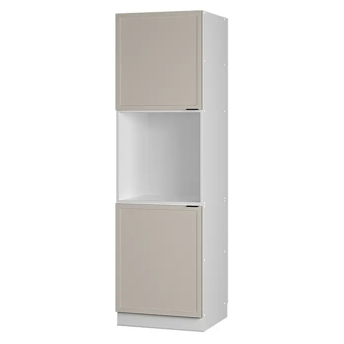 Vicco Schrankküche Fame-Line GrauBeige mit offenem Regal - GrauBeige, Herdumbauschrank hoch 60 cm - Hoher weißer Aufbewahrungsschrank mit beigefarbenen Rahmentüren und offenem Fach in der Mitte.