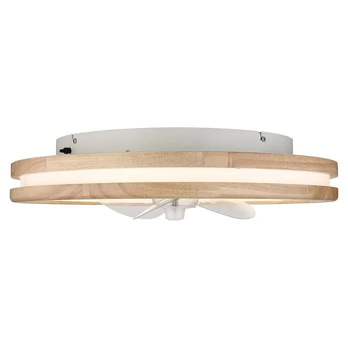 Globo Deckenventilator Gatian - 30 W, Durchmesser: 500 mm, Kautschuk - Runder Deckenventilator mit Licht, hellem Holzdekor, weißem Metall und transparenten Rotorblättern.