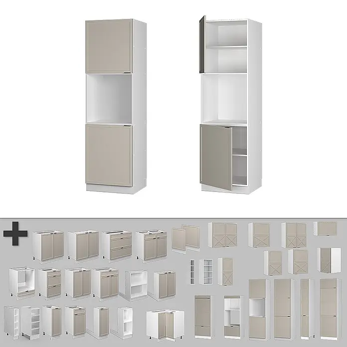 Vicco Schrankküche Fame-Line GrauBeige mit offenem Regal - GrauBeige, Herdumbauschrank hoch 60 cm - Modulares Küchenschranksystem mit weißen Rahmen und hellbraunen Türen, mit verschiedenen Stauraumeinheiten.
