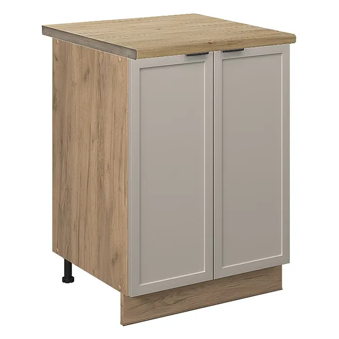 Vicco Schrankküche Fame-Line GrauBeige, AP Eiche - GrauBeige, Unterschrank 60 cm, AP Eiche - Zweitüriger Küchenunterschrank mit heller Holzoptik-Arbeitsplatte, hellgrauen Türen und Holzoptik-Seitenblende und Sockel.