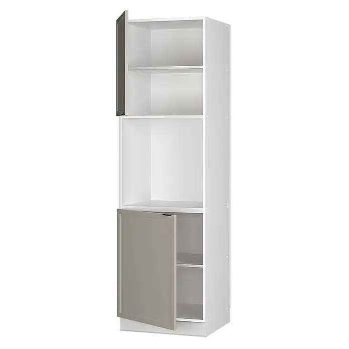 Vicco Schrankküche Fame-Line GrauBeige mit offenem Regal - GrauBeige, Herdumbauschrank hoch 60 cm - Hoher weißer Schrank mit zwei teilweise geöffneten taupefarbenen Türen oben und unten, die Regale zeigen.