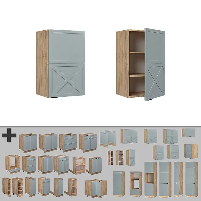 Vicco Schrankküche Fame-Line Hellblau-grau - Hellblau-grau, Hängeschrank 45 cm - Modulare Küchenschrank-Kollektion: helle Holzrahmen, graue Türen mit X-Verstrebungen. Enthält Unterschränke, Hängeschränke und Hochschränke.