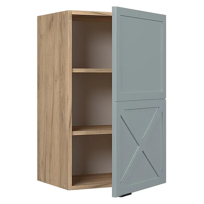Vicco Schrankküche Fame-Line Hellblau-grau - Hellblau-grau, Hängeschrank 45 cm - Wandschrank mit Holzoptik-Korpus und grauer Kassettentür mit X-Detail, offen mit Regalböden.