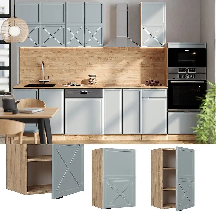 Vicco Schrankküche Fame-Line Hellblau-grau - Hellblau-grau, Hängeschrank 45 cm - Hellblauer Küchenschrank mit Holzrahmen und X-förmigen Türen, präsentiert in einer modernen Küche.