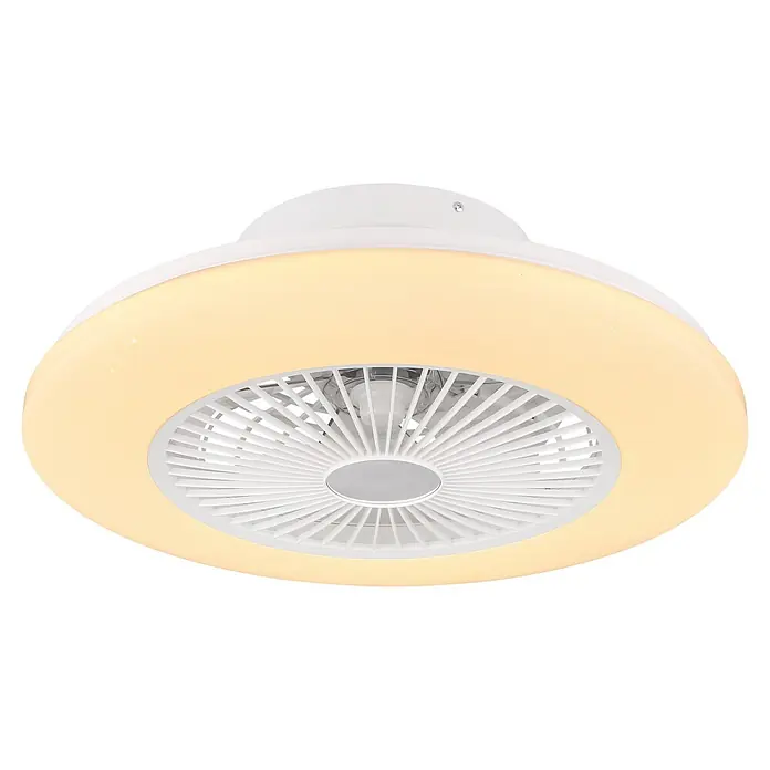 Globo Deckenventilator Travo - 30 W, Durchmesser: 50 cm, Weiß - Weißer Deckenventilator mit integrierter Leuchte, gelblich leuchtend mit funkelnden Details und weißen innenliegenden Rotorblättern.