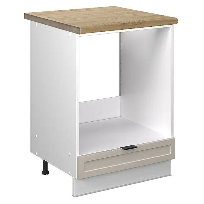 Vicco Schrankküche Fame-Line GrauBeige, AP Eiche - GrauBeige, Herdumbauschrank 60 cm, AP Eiche - Weißer Küchenunterschrank mit Eichen-Arbeitsplatte, offenem Fach für Gerät, hellbeiger Schubladenblende und Sockel.