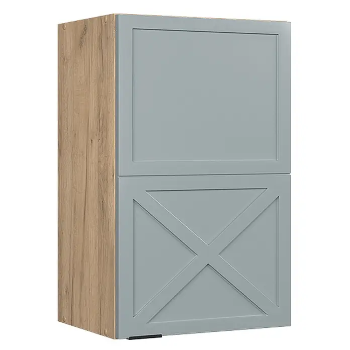 Vicco Schrankküche Fame-Line Hellblau-grau - Hellblau-grau, Hängeschrank 45 cm - Hellgrauer Schrank mit Holzoptik-Seiten und zwei Türen; die untere Tür hat ein X-Muster.