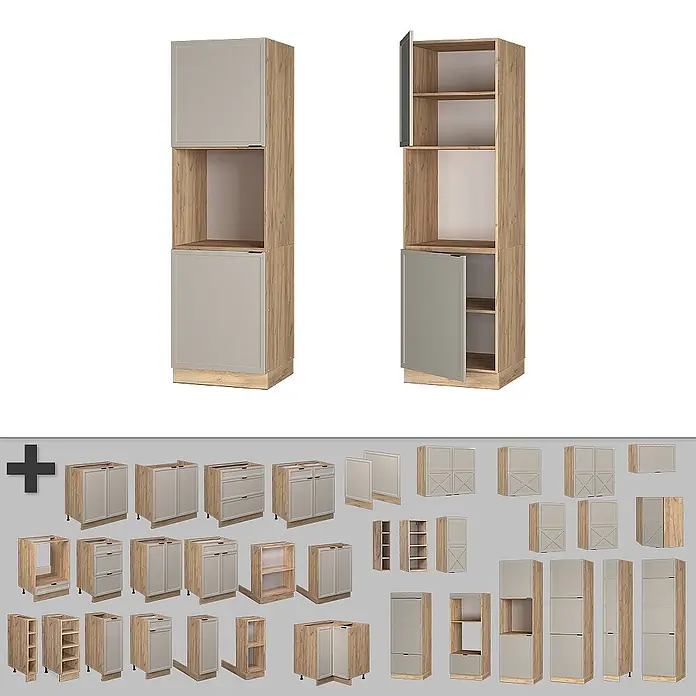 Vicco Schrankküche Fame-Line GrauBeige offen - GrauBeige, Herdumbauschrank 60 cm - Modulare Küchenschränke in heller Holzoptik mit hellgrauen Türen, inklusive Ofenschränken, Unterschränken und Oberschränken.