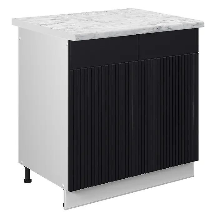 Vicco Spülenunterschrank Fame-Line, Schwarz gestreift, 80 cm -  - Weißer Unterschrank mit Marmor-Arbeitsplatte und schwarzen geriffelten Schubladen und Türen.