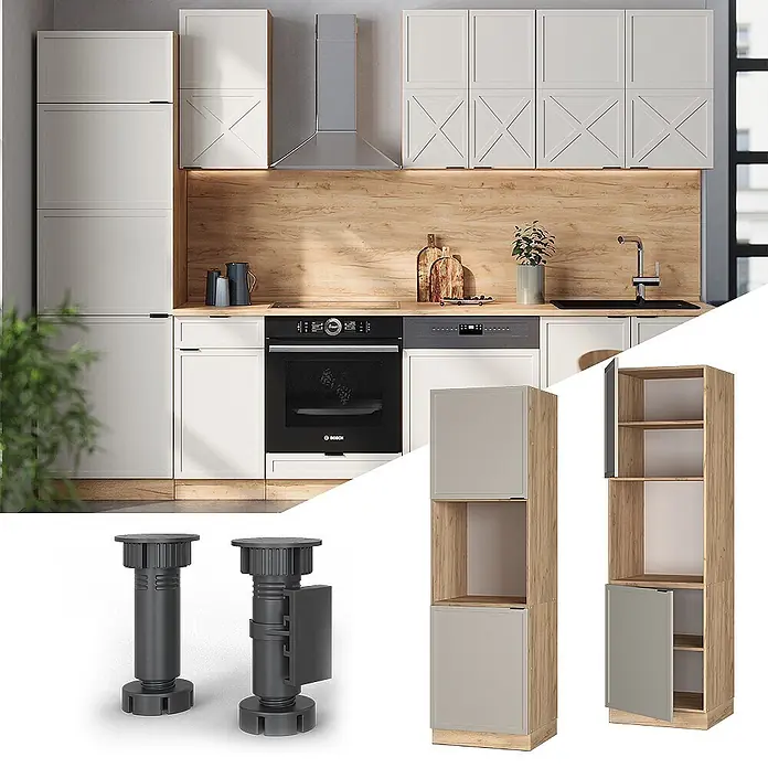 Vicco Schrankküche Fame-Line GrauBeige offen - GrauBeige, Herdumbauschrank 60 cm - Modulare Küchenschränke: helle Schränke, Holznischenverkleidung, verstellbare Füße und Hochschränke mit Holzrahmen und hellgrauen Türen.