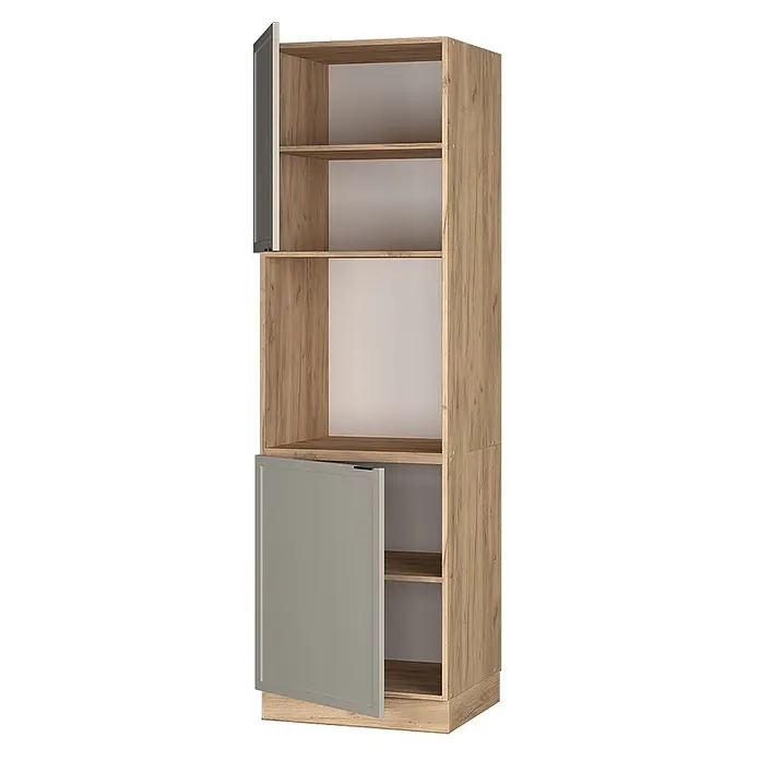 Vicco Schrankküche Fame-Line GrauBeige offen - GrauBeige, Herdumbauschrank 60 cm - Hoher Schrank in Holzoptik mit offenen Fächern und zwei leicht geöffneten grauen Türen.