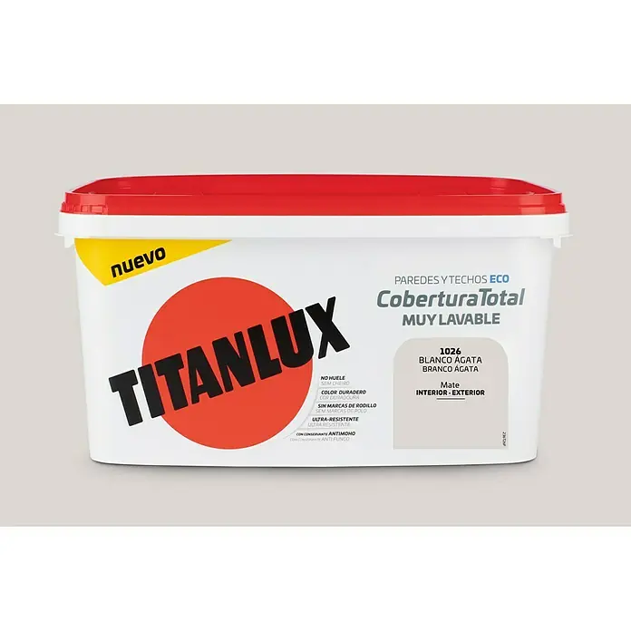 Titan Pintura para paredes Cobertura total - Blanco ágata, Mate, 4 l - Primer plano de un cubo de pintura TITANLUX Cobertura Total, ideal para interiores y exteriores, en blanco ágata mate.