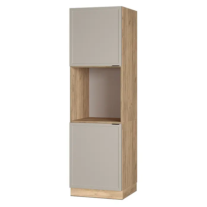 Vicco Schrankküche Fame-Line GrauBeige offen - GrauBeige, Herdumbauschrank 60 cm - Hoher Küchenschrank in Hellgrau und Holzoptik mit zentralem Gerätefach.