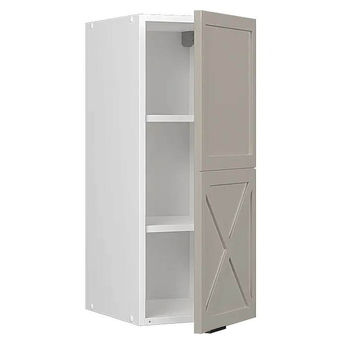 Vicco Schrankküche Fame-Line GrauBeige - GrauBeige, Hängeschrank 30 cm - Weißer offener Hängeschrank mit zwei Einlegeböden und hellgrauer Tür mit X-förmigen Paneelen.