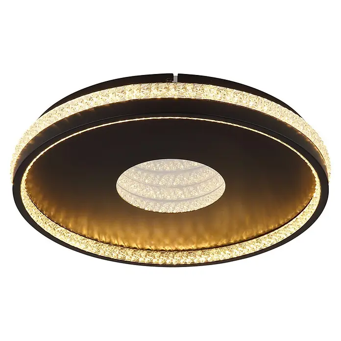 Globo LED-Deckenleuchte rund Shirley - 30 W, Ø x H: 41 x 6,5 cm - Runde schwarze LED-Deckenleuchte mit beleuchteten kristallartigen Dekorelementen.
