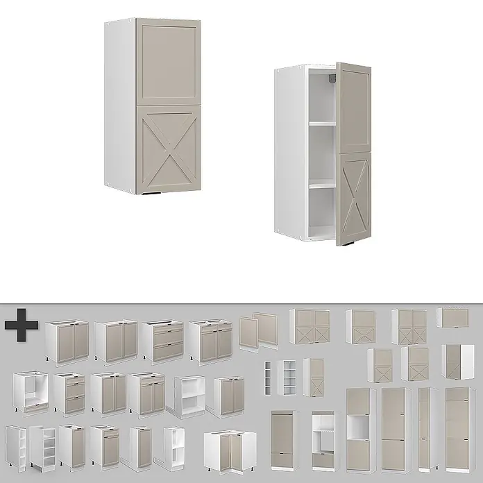 Vicco Schrankküche Fame-Line GrauBeige - GrauBeige, Hängeschrank 30 cm - Hellgraue/beige Küchenschränke mit weißen Rahmen und X-Muster-Design, verschiedene Unter-, Ober- und Hochschränke.