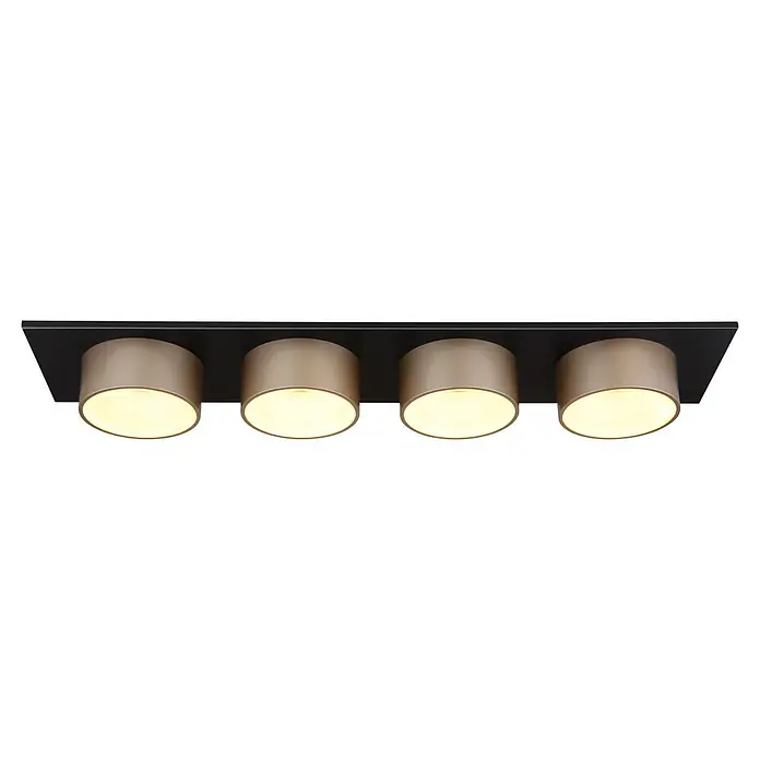 Globo Deckenleuchte Raymond - L x B x H: 860 x 200 x 110 mm, Lichtfarbe: Warmweiß - Schwarze Deckenleuchte mit vier zylindrischen Spotlights in Bronze, die warmes Licht abstrahlen.