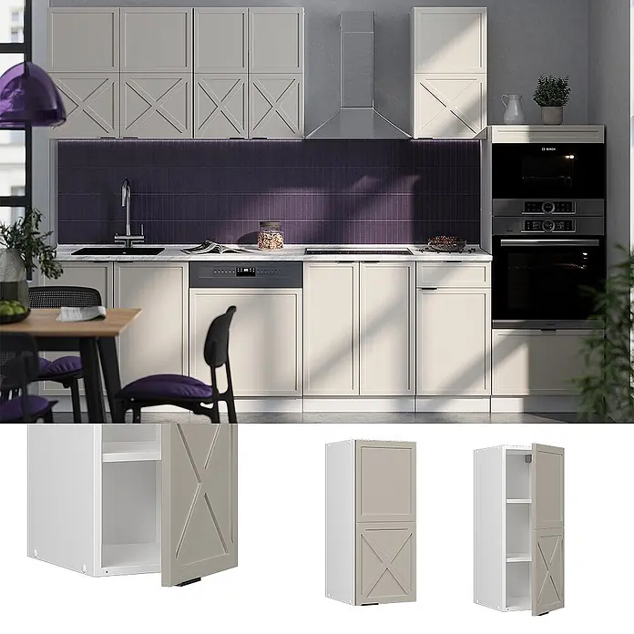 Vicco Schrankküche Fame-Line GrauBeige - GrauBeige, Hängeschrank 30 cm - Moderne Küche mit hellbeigen Schränken mit markanten X-förmigen Türen, Unter- und Oberschränken.