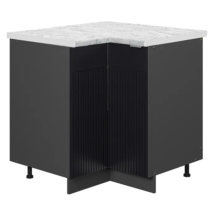 Vicco Eckunterschrank Fame-Line, Schwarz gestreift, 80.5 cm -  - Dunkelgrauer Eckunterschrank mit schwarzer gerippter Frontplatte und weißer Marmor-Arbeitsplatte.