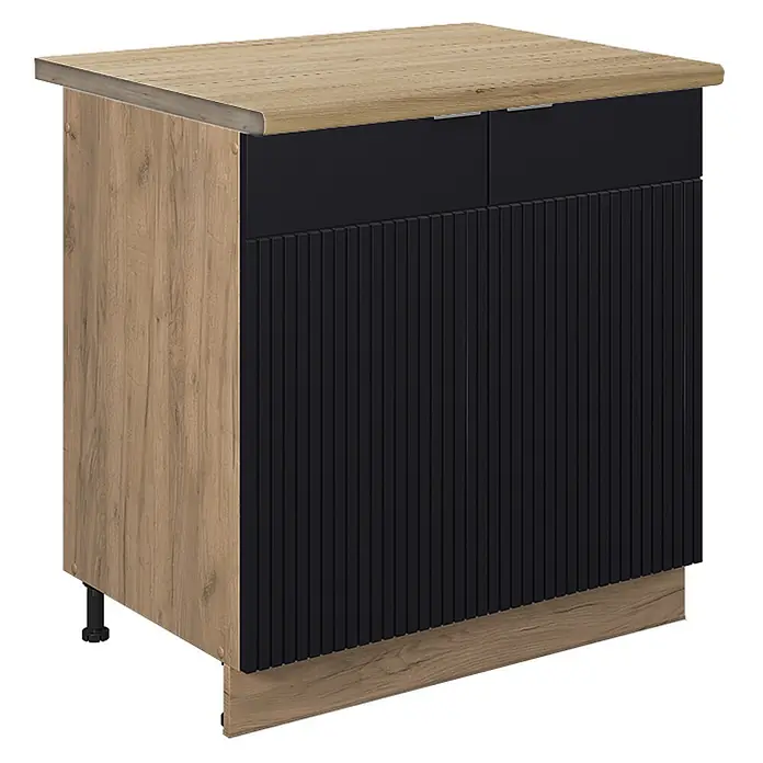 Vicco Spülenunterschrank Fame-Line, Schwarz gestreift, 80 cm -  - Aufbewahrungsschrank mit heller Holzoptik-Oberplatte und -Seiten, zwei schwarzen Schubladen und schwarzen geriffelten Türen.