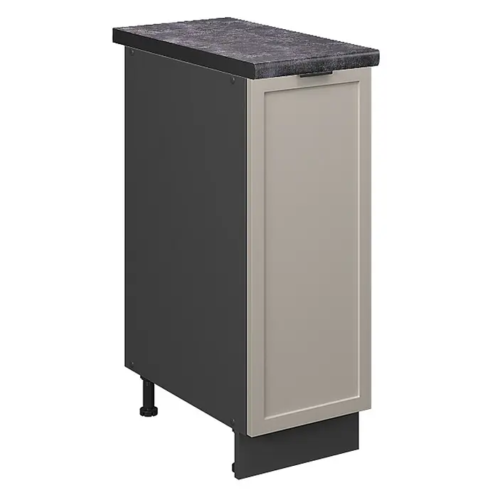 Vicco Schrankküche Fame-Line GrauBeige, AP Anthrazit - GrauBeige, Apothekerunterschrank 30 cm, AP Anthrazit - Schmaler Unterschrank mit dunkelgrauer Platte, dunkelgrauer Seite und hellbeiger Tür mit integriertem Griff.