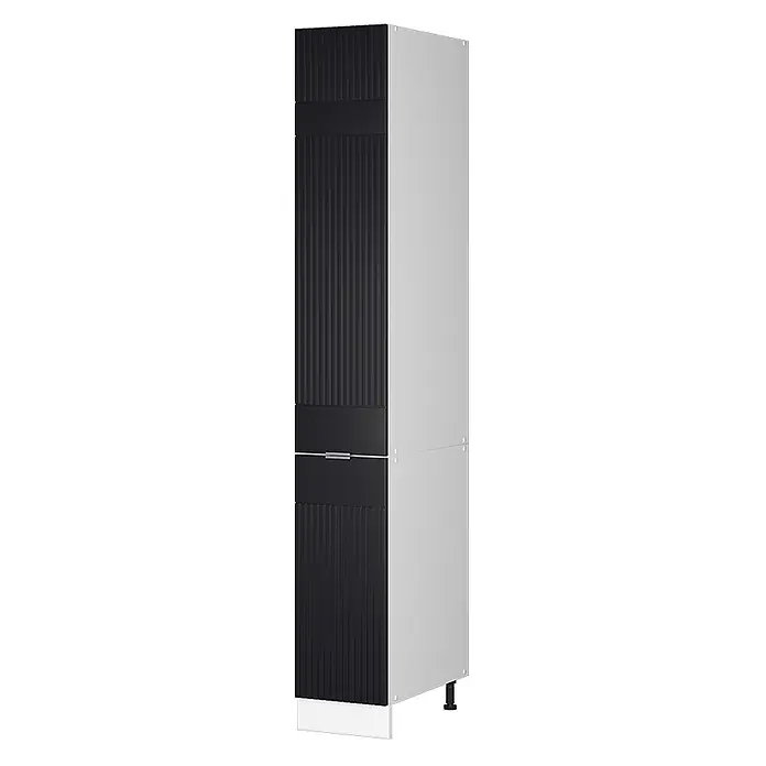 Vicco Apothekerschrank Fame-Line, Schwarz gestreift, 30 cm -  - Hoher schwarzer Schrank mit vertikal gerippter Tür, silbernem Griff und glatter hellgrauer Seitenverkleidung.